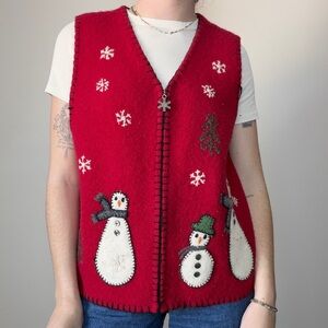 vintage 100% wool snowman snowflake winter scene zip up cardigan - size XL